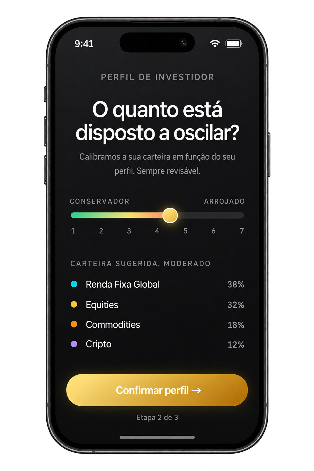Tela de configuração do perfil de investidor e da carteira sugerida